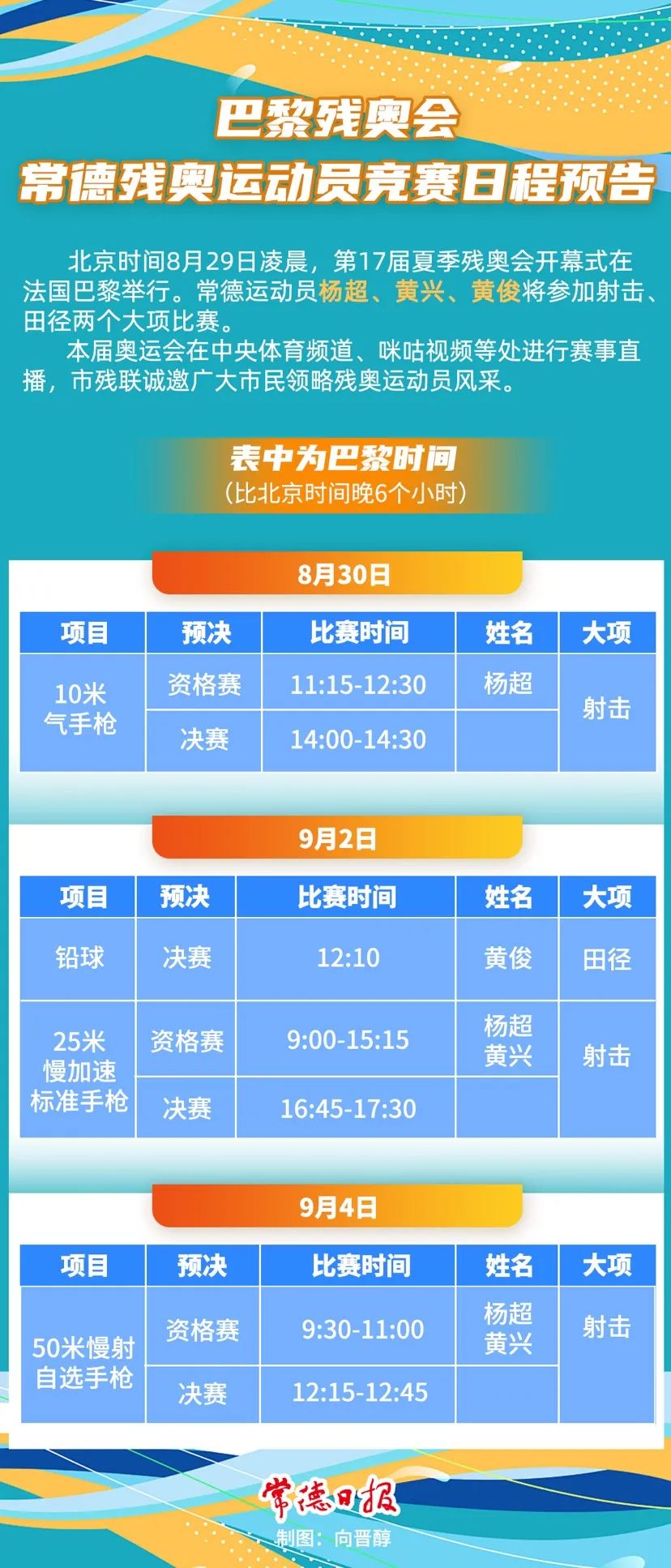 巴黎残奥会开幕，常德运动员赛程表来了！