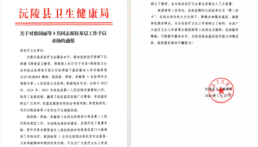 常德市第二人民医院三名支医医师获派驻基层医院通报表扬