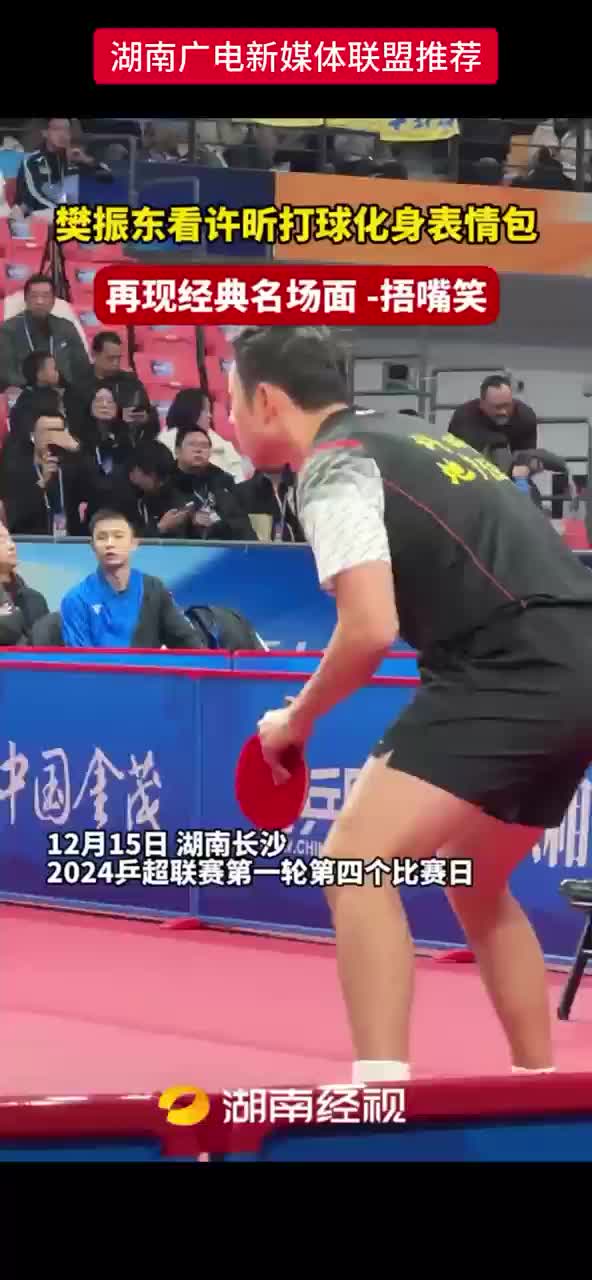 樊振东看许昕打球化身表情包