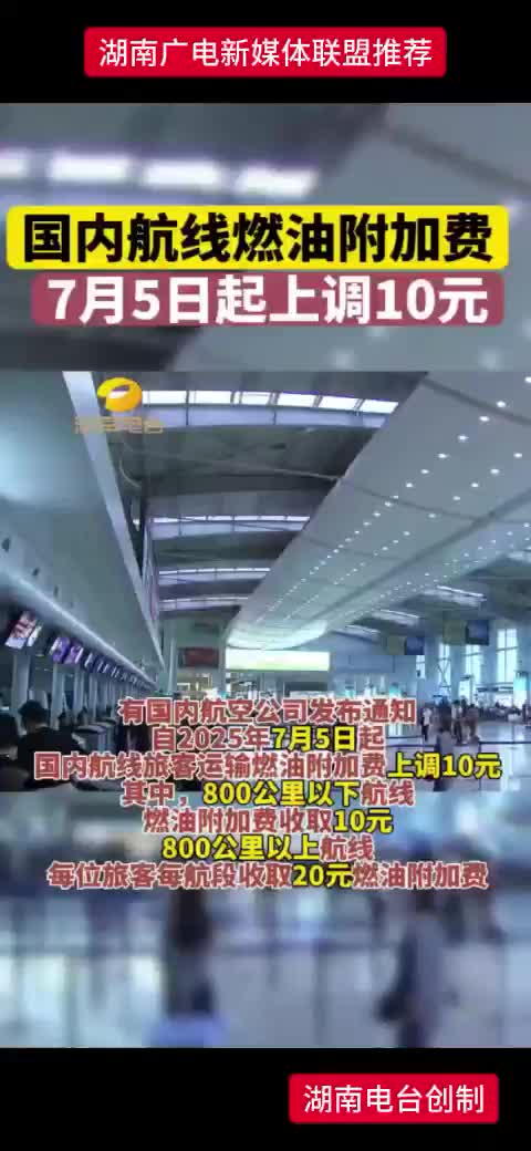 国内航线燃油附加费   7月5日起上调10元